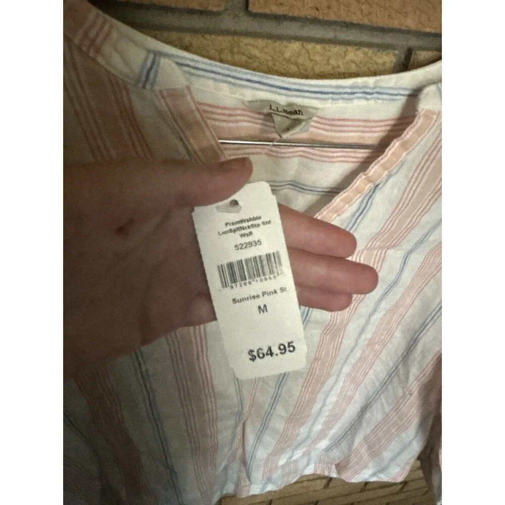 NWT L.L. Bean Women's Premium Linen Shirt Splitneck Stripe Sunrise Pink - Picture 4 of 8